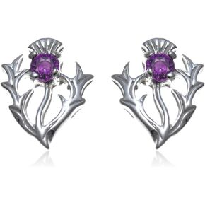 Alexander Castle 925 Sterling Silver Scottish Thistle Genuine Amethyst Earrings - 12mm x 10mm Stud Earrings with Jewelry Gift Box - Purple Earrings for Women Girls Teens