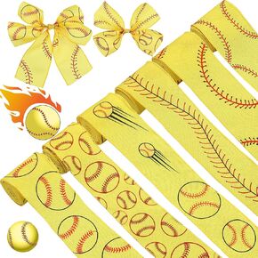 6 Rolls Softball Ribbons Softball Grosgrain Ribbon Red and Yellow Wired Edge Fabric Ribbons 2.5 Inch x 30 Yards Sport Stitching Satin Wired Ribbon for Present Wrapping DIY Crafts Decoration