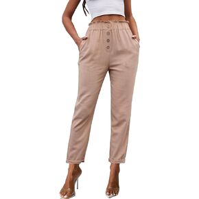 Women's Linen Work Pants Summer Dressy Casual Business High Waist Paperbag Cropped Pants Trouser