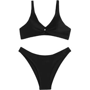 Milumia Girl's 2 Piece Twist Front Bikini Set Solid Stretchy Swimwear Swimsuit