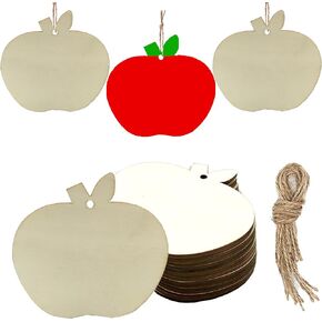 30 Pieces Wood DIY Craft Cutout Wooden Apple Shaped Hanging Ornaments with Hole Hemp Ropes Gift Tags for Wedding Birthday Christmas Party Decoration