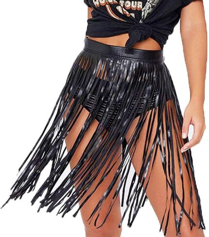 تنورة Kakaco Punk الجلدية للبطن، تنورة بشراشيب سوداء، تنورة أنيقة للحفلات للنساء والفتيات (أسود طويل) in Kuwait