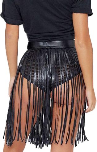 تنورة Kakaco Punk الجلدية للبطن، تنورة بشراشيب سوداء، تنورة أنيقة للحفلات للنساء والفتيات (أسود طويل) in Kuwait