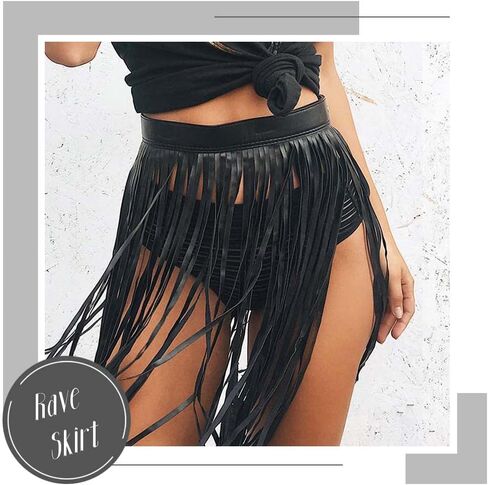 تنورة Kakaco Punk الجلدية للبطن، تنورة بشراشيب سوداء، تنورة أنيقة للحفلات للنساء والفتيات (أسود طويل) in Kuwait