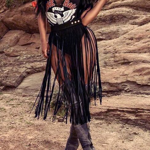 تنورة Kakaco Punk الجلدية للبطن، تنورة بشراشيب سوداء، تنورة أنيقة للحفلات للنساء والفتيات (أسود طويل) in Kuwait