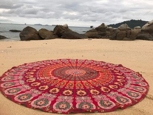 raajsee Round Beach Tapestry Blue Orange Mandala Throw/Boho Hippie Beach Blanket Roundie/Indian Cotton Bohemian Large Round Table Cloth/Yoga Mat Meditation Picnic Rug 70 inch in Saudi Arabia