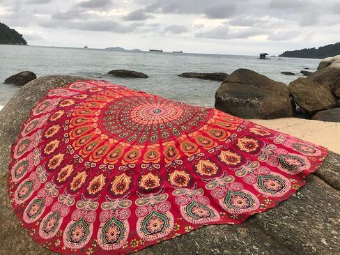 raajsee Round Beach Tapestry Blue Orange Mandala Throw/Boho Hippie Beach Blanket Roundie/Indian Cotton Bohemian Large Round Table Cloth/Yoga Mat Meditation Picnic Rug 70 inch in Saudi Arabia