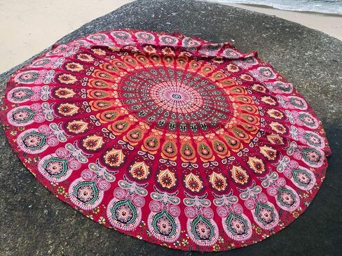 raajsee Round Beach Tapestry Blue Orange Mandala Throw/Boho Hippie Beach Blanket Roundie/Indian Cotton Bohemian Large Round Table Cloth/Yoga Mat Meditation Picnic Rug 70 inch in Saudi Arabia