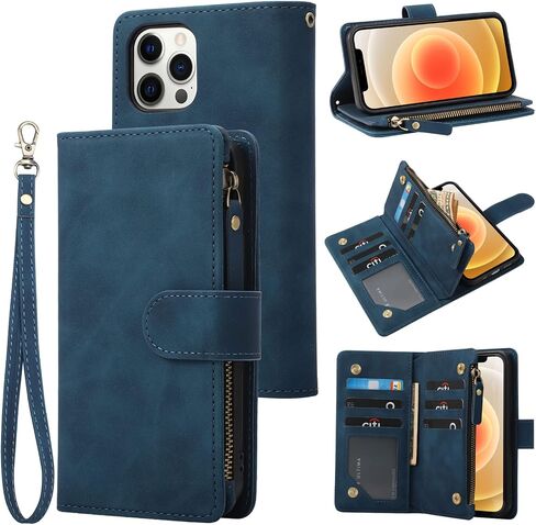 RANYOK Wallet Case Compatible with iPhone 13 Pro Max (6.7 inch), Premium PU Leather Zipper Flip Folio Wallet RFID Blocking with Wrist Strap Kickstand Protective Case (Blue) in Kuwait
