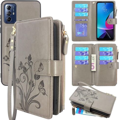 Lacass for Moto G Pure/G Power 2022 / G Play 2023 Case,[12 Card Slots] ID Credit Cash Holder Zipper Pocket Detachable Magnet Leather Wallet Cover with Wrist Strap Lanyard (Floral Wine Red) in Saudi Arabia