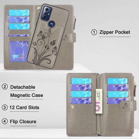 Lacass for Moto G Pure/G Power 2022 / G Play 2023 Case,[12 Card Slots] ID Credit Cash Holder Zipper Pocket Detachable Magnet Leather Wallet Cover with Wrist Strap Lanyard (Floral Wine Red) in Saudi Arabia
