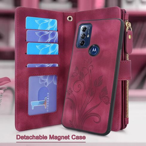 Lacass for Moto G Pure/G Power 2022 / G Play 2023 Case,[12 Card Slots] ID Credit Cash Holder Zipper Pocket Detachable Magnet Leather Wallet Cover with Wrist Strap Lanyard (Floral Wine Red) in Saudi Arabia