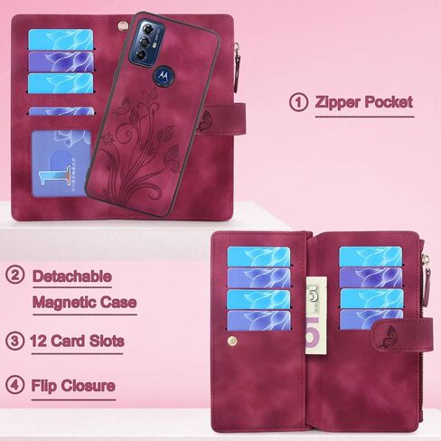 Lacass for Moto G Pure/G Power 2022 / G Play 2023 Case,[12 Card Slots] ID Credit Cash Holder Zipper Pocket Detachable Magnet Leather Wallet Cover with Wrist Strap Lanyard (Floral Wine Red) in Saudi Arabia
