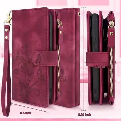 Lacass for Moto G Pure/G Power 2022 / G Play 2023 Case,[12 Card Slots] ID Credit Cash Holder Zipper Pocket Detachable Magnet Leather Wallet Cover with Wrist Strap Lanyard (Floral Wine Red) in Saudi Arabia