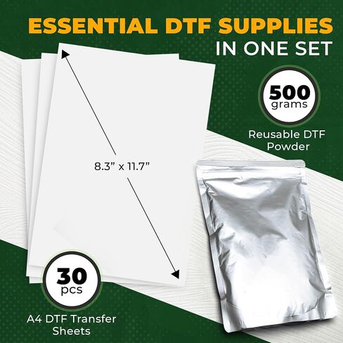 فيلم نقل Prail DTF وحزمة مسحوق DTF - 50 ورقة مقاس A4 - مسحوق نقل DTF 500 جرام - 8.3 × 11.7 بوصة مضاد للكهرباء الساكنة مباشرة إلى ورق الفيلم مع امتصاص فائق للحبر ولمسة نهائية مزدوجة غير لامعة in Saudi Arabia