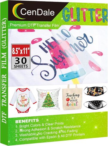فيلم نقل CenDale Glitter DTF - 8.5 بوصة × 11 بوصة 30 ورقة فيلم DTF لامع ملون لاختراق التسامي، الطباعة المباشرة للفيلم على منسوجات القمصان الخفيفة والداكنة، ورق DTF للتقشير الساخن والبارد in Kuwait