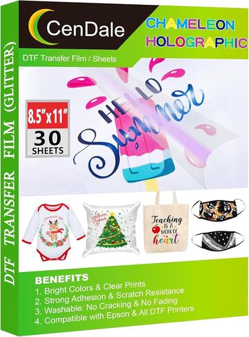 فيلم نقل CenDale Glitter DTF - 8.5 بوصة × 11 بوصة 30 ورقة فيلم DTF لامع ملون لاختراق التسامي، الطباعة المباشرة للفيلم على منسوجات القمصان الخفيفة والداكنة، ورق DTF للتقشير الساخن والبارد in Kuwait