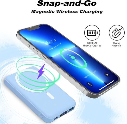 Wireless Portable Charger, 10000mAh Magnetic Power Bank PD 22.5W Fast Charging, QC3.0 USB-C LED Display Mag-Safe Battery Pack Compatible for iPhone 14/13/12/ Pro Max/Pro/Mini (Sierra Blue) in Saudi Arabia
