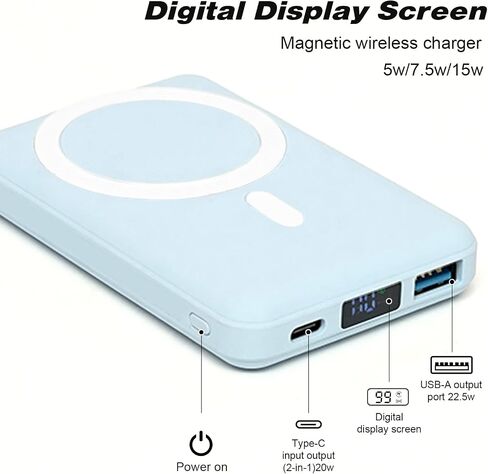 Wireless Portable Charger, 10000mAh Magnetic Power Bank PD 22.5W Fast Charging, QC3.0 USB-C LED Display Mag-Safe Battery Pack Compatible for iPhone 14/13/12/ Pro Max/Pro/Mini (Sierra Blue) in Saudi Arabia
