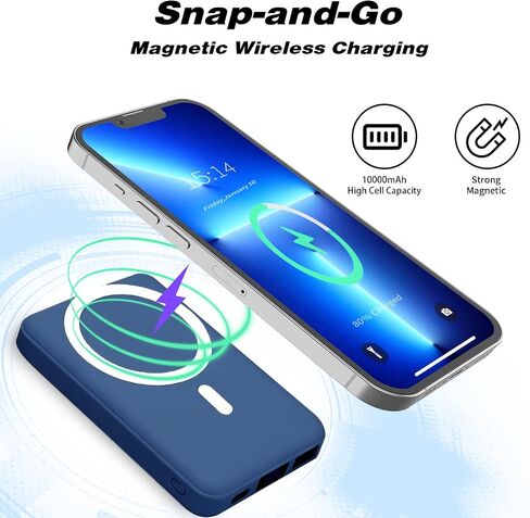 Wireless Portable Charger, 10000mAh Magnetic Power Bank PD 22.5W Fast Charging, QC3.0 USB-C LED Display Mag-Safe Battery Pack Compatible for iPhone 14/13/12/ Pro Max/Pro/Mini (Sierra Blue) in Saudi Arabia