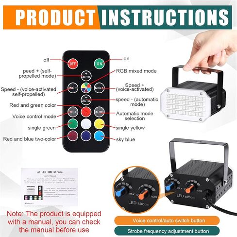 2 جهاز كمبيوتر شخصى ضوء ستروب LED للهالوين، أضواء الحفلات المنشَّطة بالصوت، ملونة، إضاءة DJ للتحكم عن بعد، أضواء النادي الساطعة المحمولة سهلة الاستخدام مع 48 مصباح LED RGB لعرض DJ ديسكو كاريوكي الرقص الزفاف in Kuwait