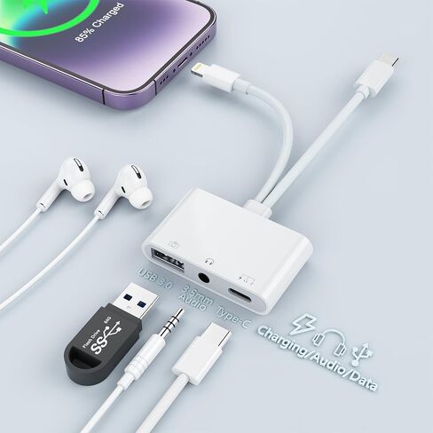 محول USB C Lightning إلى USB مع منفذ شحن [معتمد من MFi] محول USB C إلى USB OTG مع شحن USB+USB C + سماعة رأس 3.5 ملم لهاتف iPhone 15/iPhone/iPad إلى قارئ محرك فلاش USB/لوحة المفاتيح in Kuwait