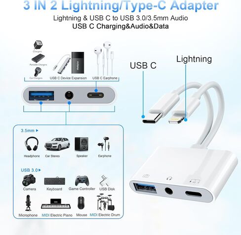 محول USB C Lightning إلى USB مع منفذ شحن [معتمد من MFi] محول USB C إلى USB OTG مع شحن USB+USB C + سماعة رأس 3.5 ملم لهاتف iPhone 15/iPhone/iPad إلى قارئ محرك فلاش USB/لوحة المفاتيح in Kuwait