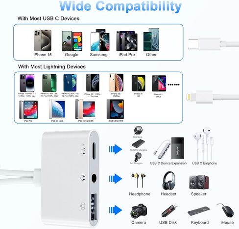 محول USB C Lightning إلى USB مع منفذ شحن [معتمد من MFi] محول USB C إلى USB OTG مع شحن USB+USB C + سماعة رأس 3.5 ملم لهاتف iPhone 15/iPhone/iPad إلى قارئ محرك فلاش USB/لوحة المفاتيح in Kuwait