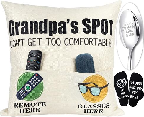 Grandpa Gifts - 2-Pocket 2-Sided Pillow Covers 18"*18" + Engraved Spoon + Socks, Fathers Day Birthday Gift for Grandfather, Papa (No Fillers) in Saudi Arabia