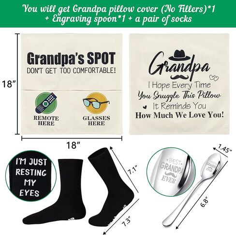 Grandpa Gifts - 2-Pocket 2-Sided Pillow Covers 18"*18" + Engraved Spoon + Socks, Fathers Day Birthday Gift for Grandfather, Papa (No Fillers) in Saudi Arabia