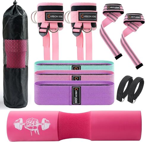 Barbell Pad Set for Squat,Hip Thrust Pad with 2 Upgraded Ankle Straps,3 Booty Bands, 2 Weightlifting Straps, Gym Pad for Hip Thrust and Carry Bag in Kuwait