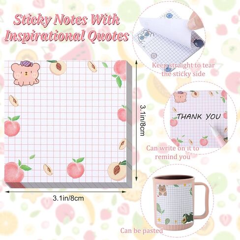 12 Pads Cute Sticky Notes Kawaii Sticky Notes Colorful 3.1x3.1'' 50 Sheets/Pad Fruit and Animal Self-Stick Note Pads Cute Stationary Fruit Memo for Teacher Student Roommates Gifts Office Home,6 Style in Saudi Arabia