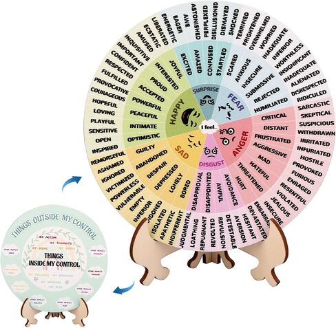 NQEUEPN Feelings Wheel with Stand, 5.51 Inch Double-Sided Emotion Mental Health Mood Wheel Chart Wooden Feelings Wheel Gift for Women Men Home Office Decor (Colorful) in Saudi Arabia