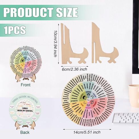 NQEUEPN Feelings Wheel with Stand, 5.51 Inch Double-Sided Emotion Mental Health Mood Wheel Chart Wooden Feelings Wheel Gift for Women Men Home Office Decor (Colorful) in Saudi Arabia