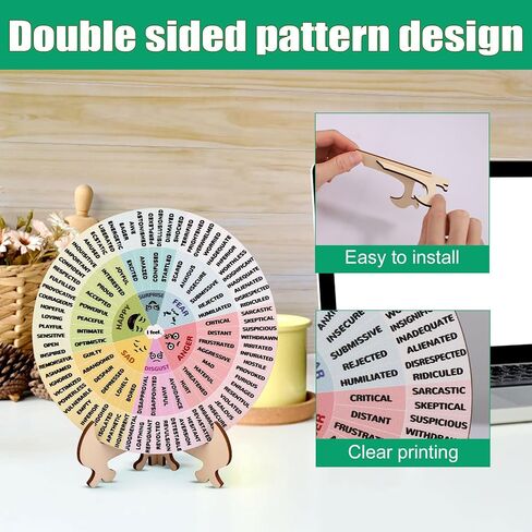 NQEUEPN Feelings Wheel with Stand, 5.51 Inch Double-Sided Emotion Mental Health Mood Wheel Chart Wooden Feelings Wheel Gift for Women Men Home Office Decor (Colorful) in Saudi Arabia