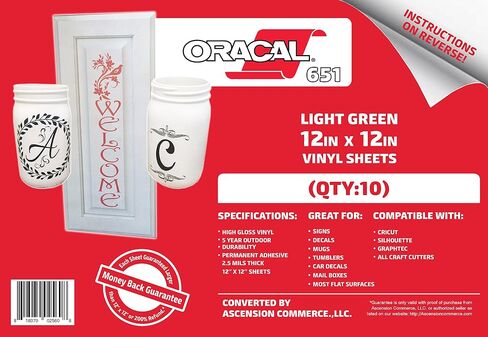 (10 ورقات) فينيل Oracal 651 لاصق باللون الأخضر الفاتح للكريكات والصورة الظلية والنقش وقواطع الحرف اليدوية والطابعات والشارات - 12 بوصة × 12 بوصة - لمسة نهائية لامعة - خارجية ودائمة in Saudi Arabia