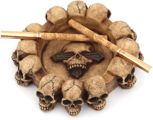 Resin Skull Ashtray Cigarette Ash Container Human Skull Ashtray with 4 Cigarette Slots Smoking Room Office Bar Ornament Halloween Decor Scary Fantasy Gifts for Smokers (Black) in Saudi Arabia