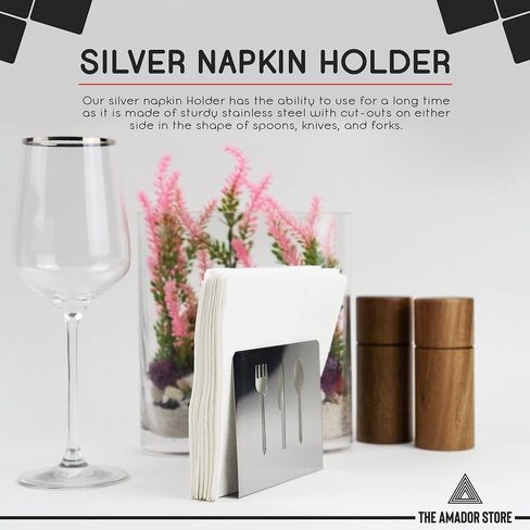 Amador Metal Napkin Holder | Stainless Steel Cocktail Tiny Table Napkin Holder | Standing Napkin Holder for Kitchen - Table Decor Outdoor Silver Napkin Holder (TS-5) in Saudi Arabia