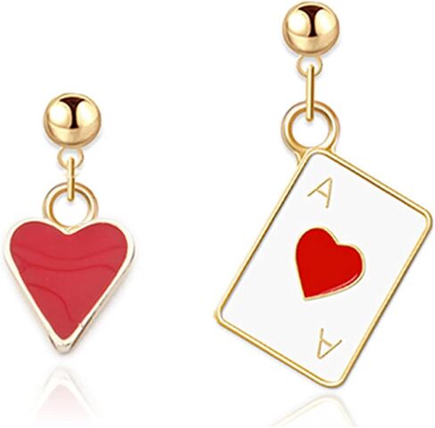 Funny Poker Card Earrings for Women Girls Unique Asymmetric 18k Gold Plated Red Hearts and Black Spades Playing Cards Ace Dangle Drop Hypoallergenic Earrings Jewelry Gift (Peach Heart Poker) in Saudi Arabia
