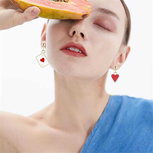 Funny Poker Card Earrings for Women Girls Unique Asymmetric 18k Gold Plated Red Hearts and Black Spades Playing Cards Ace Dangle Drop Hypoallergenic Earrings Jewelry Gift (Peach Heart Poker) in Saudi Arabia