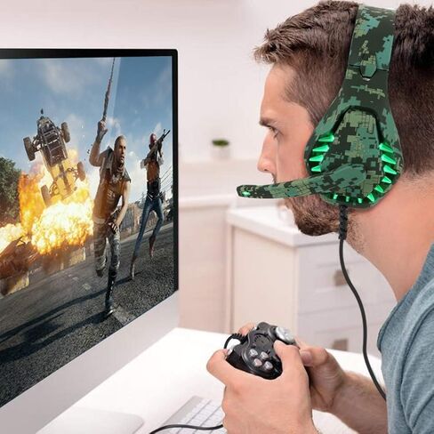 سماعة ألعاب لأجهزة PS4، وأجهزة الكمبيوتر، وXbox One، وPS5، لنينتندو سويتش، سماعات رأس سلكية فوق الأذن مع صوت محيطي ستيريو 7.1، وميكروفون لإلغاء الضوضاء، وأضواء LED للأطفال البالغين، أخضر مموه in Saudi Arabia