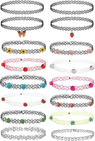 BodyJ4You 16 قطعة قلادة وشم بمزيج ملون - إكسسوارات التسعينيات للنساء والفتيات المراهقات والأطفال - قلادة على شكل فراشة سحر الفراولة - فكرة هدية على طراز الصيف in Kuwait