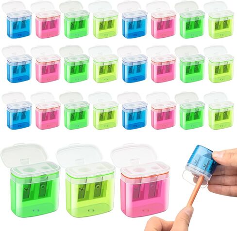 24 Pcs 2 Holes Small Manual Pencil Sharpener with Lid, Colored Handheld Dual Hole Pencil Sharpeners Bulk, Crayon Colored Pencils Sharpener, Pencil Sharpener for Kids, Office, School, Classroom in Kuwait