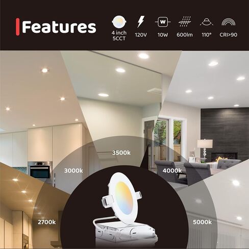 OREiN 12 Pack 4 Inch Recessed Lighting LED 10W=75W Eqv, CRI>90, 5CCT Dimmable Canless Downlight with Aluminum Junction Box, Waterproof LED Recessed Light for Indoor Bathroom Kitchen Bedroom in Saudi Arabia
