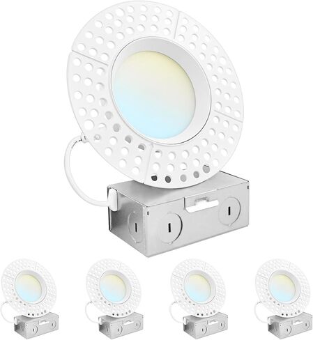 LUXRITE 4 Inch Trimless LED Recessed Lights with Junction Box, 5CCT Selectable 2700K-5000K, 15W, 1200LM, Dimmable, Wet & IC Rated, Canless Downlight, ETL Listed, New Construction and Remodel (4 Pack) in Kuwait