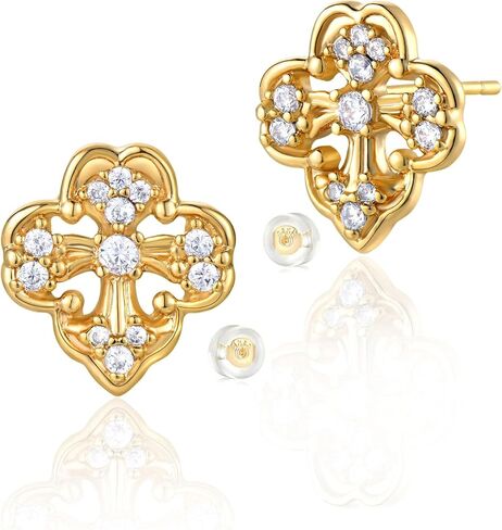 Stud Earrings for Women 14K Gold Plated CZ Stud Dainty Gold Earrings Lightweight Hypoallergenic Earrings for Women Trendy Star Cross Shell Nail Screw Pearl 925 Sterling Silver Jewelry Gifts for Girls in Saudi Arabia