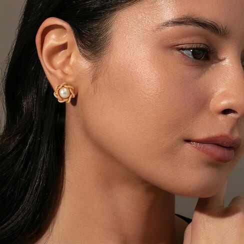 Stud Earrings for Women 14K Gold Plated CZ Stud Dainty Gold Earrings Lightweight Hypoallergenic Earrings for Women Trendy Star Cross Shell Nail Screw Pearl 925 Sterling Silver Jewelry Gifts for Girls in Saudi Arabia