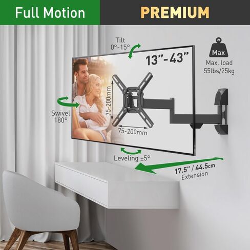 Barkan TV Wall Mount, 13 - 43 inch Full Motion Articulating - 4 Movement Flat / Curved Screen Bracket, Holds up to 55 lbs, Patented, UL Listed, Fits LED OLED LCD, black (2400.B) in Saudi Arabia