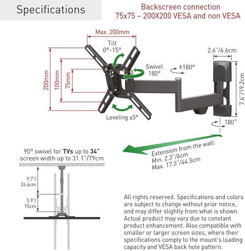 Barkan TV Wall Mount, 13 - 43 inch Full Motion Articulating - 4 Movement Flat / Curved Screen Bracket, Holds up to 55 lbs, Patented, UL Listed, Fits LED OLED LCD, black (2400.B) in Saudi Arabia