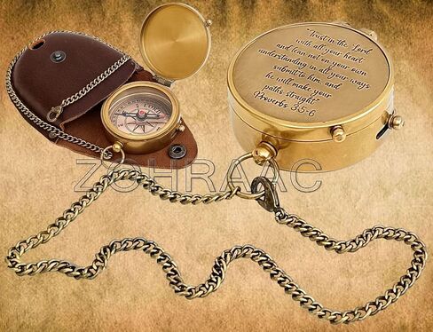 ثق في الرب من كل قلبك - الأمثال 3: 5-6 بوصلة مع حقيبة جلدية، بوصلة تخييم نحاسية، هدايا دينية منقوشة للابن والحفيد والابنة، وهدايا يوم التخرج للأولاد والبنات in Kuwait